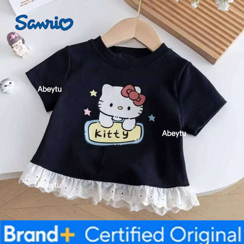 Sanrio Hello Kitty Short Sleeve T Shirt Tops Lace Bow Girls Summer Korean Style New Sweet Fashionable Cute Elegant Kawaii Tee H260120
