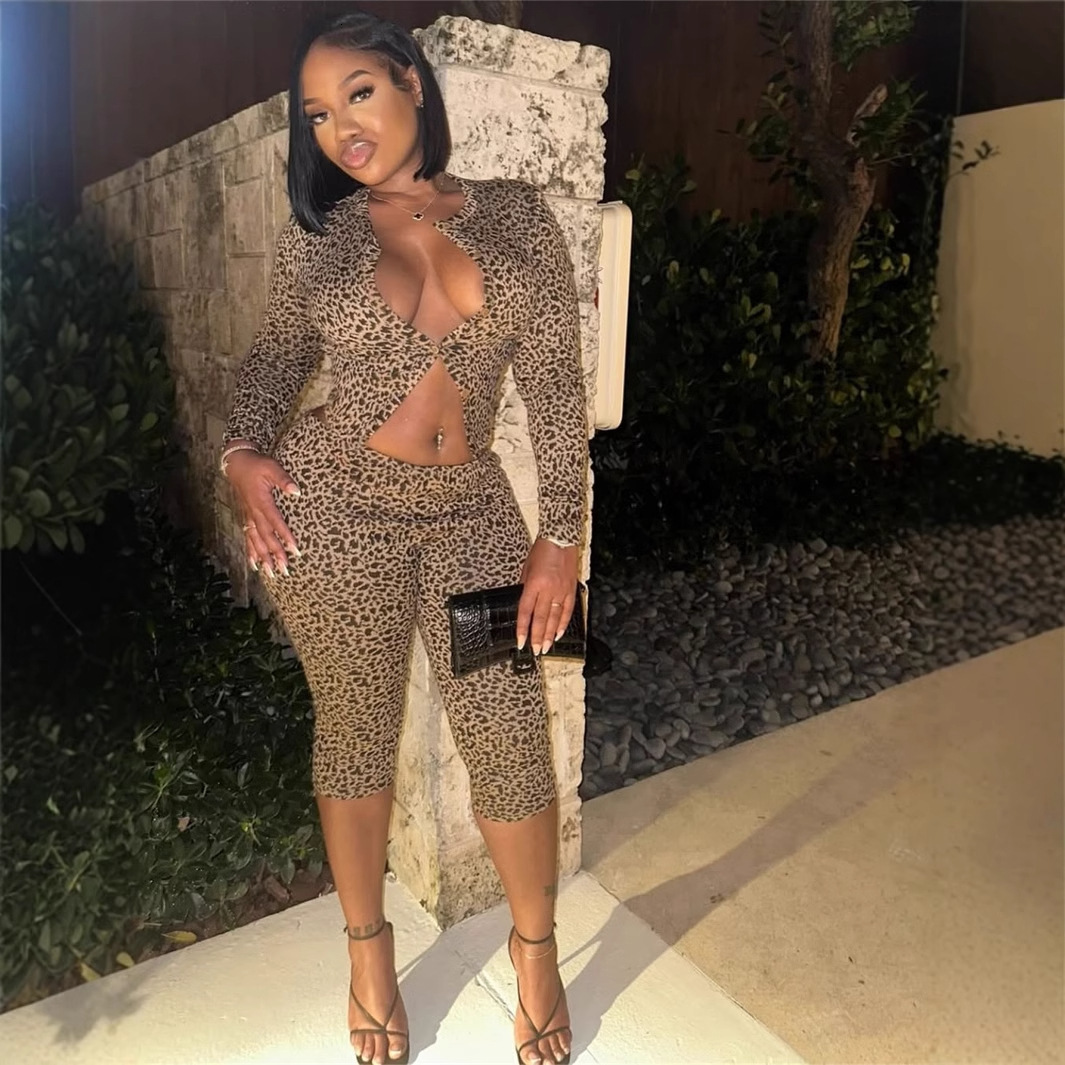 Chic Printed Tight Fitting Elastic Women Pants Suit Casual Long Sleeve Round Neck Slim Top Set 2025 Lady Spring Commute Outfits 250214