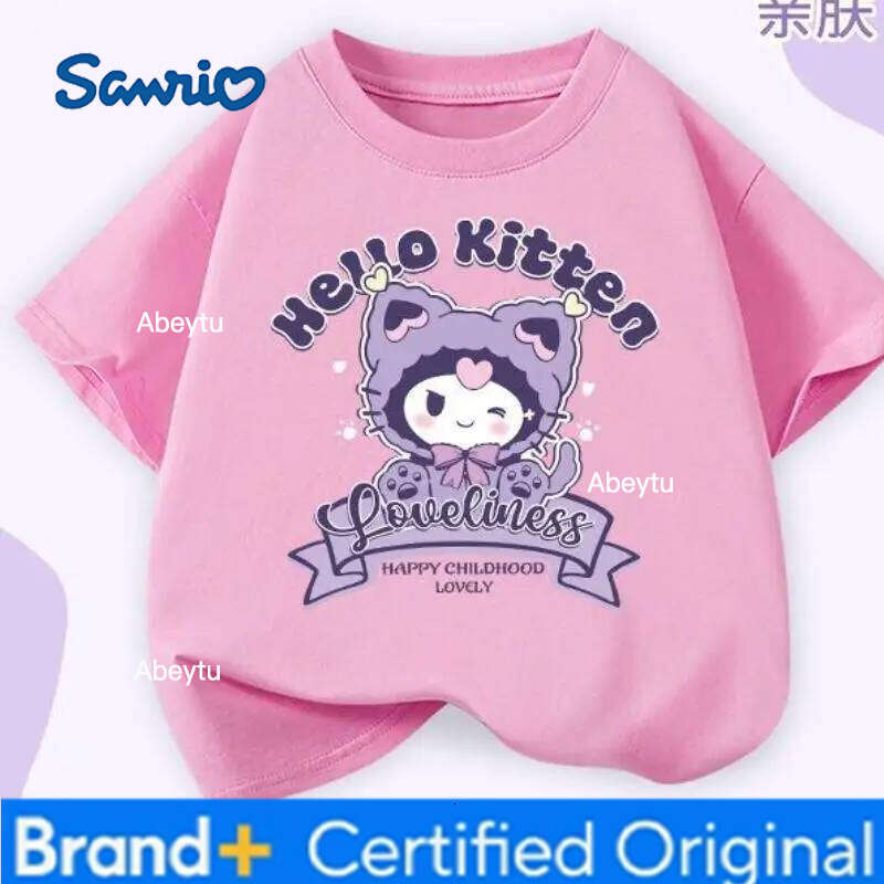 Sanrio Kuromi Kawaii Girls T Shirt Anime Cartoon New Short Sleeved Summer Fashionable Loose Simple Round Neck Breathable Cotton H260120