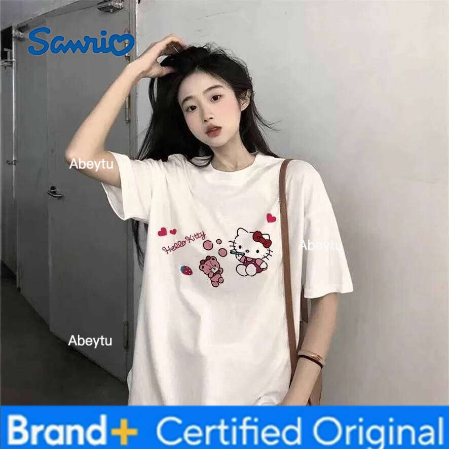 Sanrio Anime Cartoon Hello Kitty My Melody Cinnamoroll Women's Printed T-Shirt Summer New Solid Color Short Sleeved Casual Top H260120