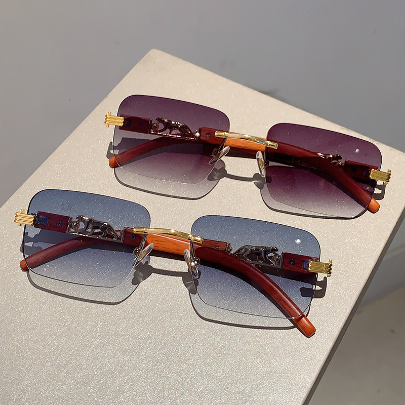 Luxury Brand Designer Sunglasses New Frameless Design Square Sunglasses For Women With Wood Grain Legs And Leopard Head Trendy Driving Sunglasses For 