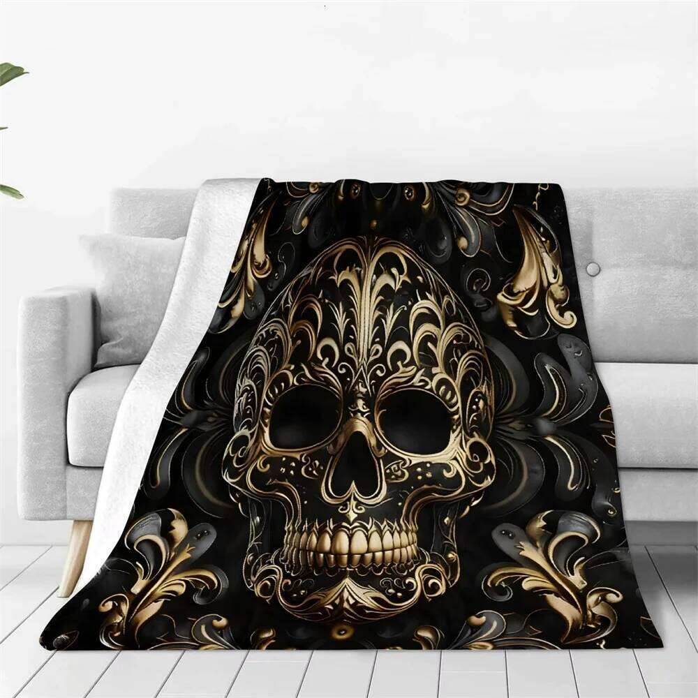 Black and Gold Skull Soft Cozy Warm Winter Flannel Throw Blanket All Seasons for Sofa Bed Room Decor W260120