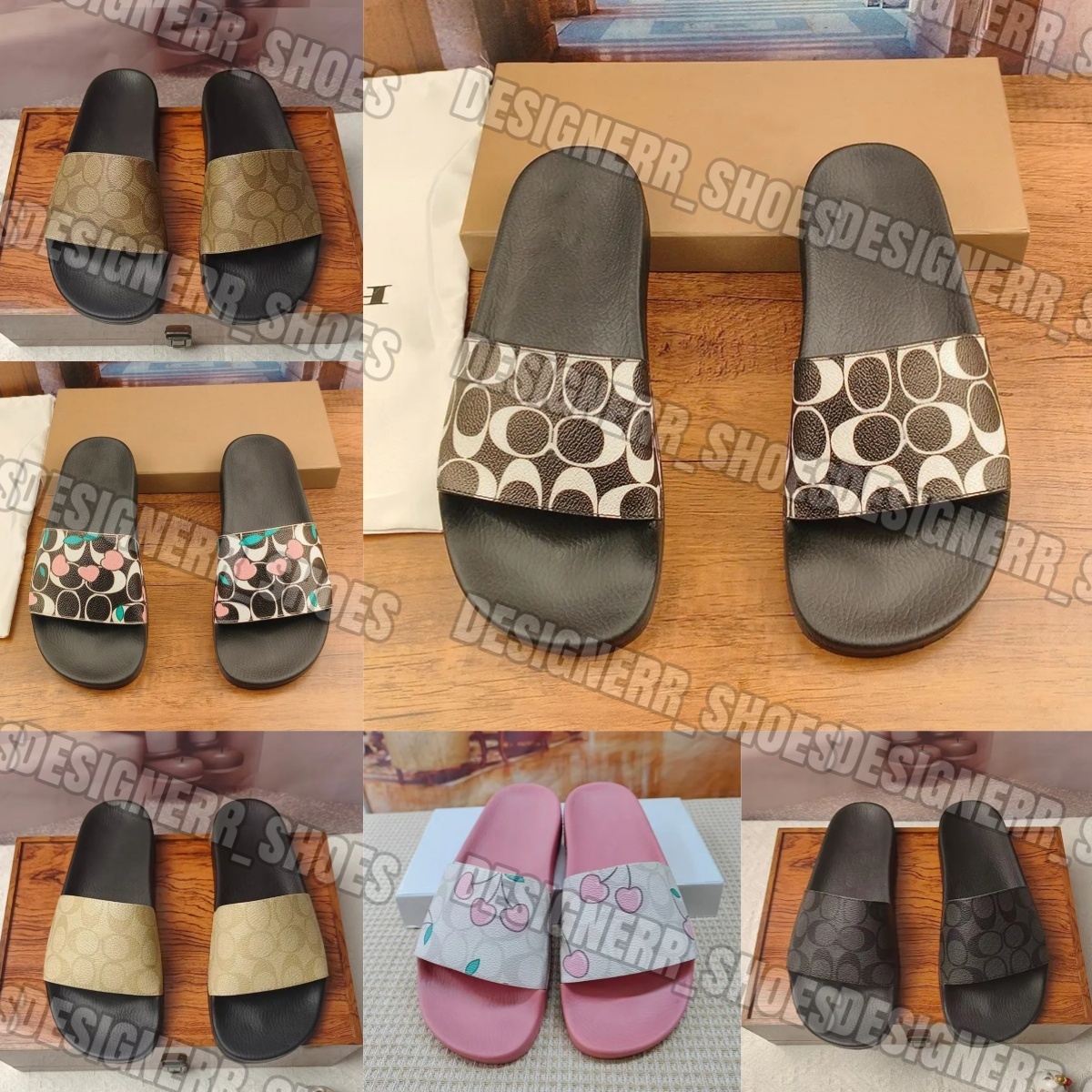 Designer Mens Womens coac Slides Sandals Flats Slippers Stylish Summer Beach Sandal Floral Print Flip Flops Brown Non-slip Sliders Comfortable Shoes 36-46