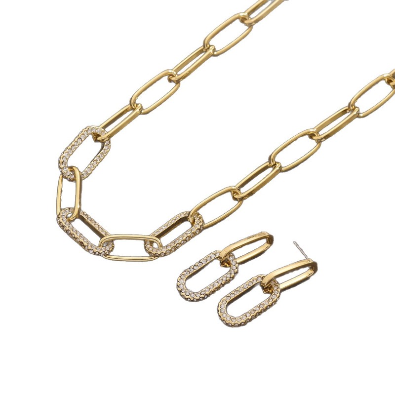 Jewelry Set Gold Tone Double Link Chain Necklace And Earring Set With Cubic Zirconia For Women Trendy Minimalist Versatile Accessory