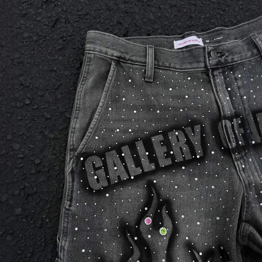 Men's Shorts Tassel Flame Print Pattern Rhinestone Butterfly Decoration Loose Denim Retro American Street Men Women Fashion Jeans