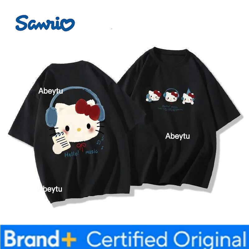 Sanrio American Trendy Brand Vacation Hello Kitty Print 2025 Women's Cartoon Top Trend Plus Size Loose Casual Short-sleeved T-shirt H260120