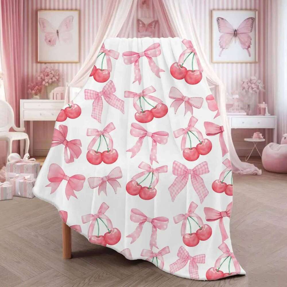 Pink Bow Throw Blanket Soft Flannel, Cute Bowknot Cherry Design, Preppy Girly Gift for Girls, Women, Teens W260120
