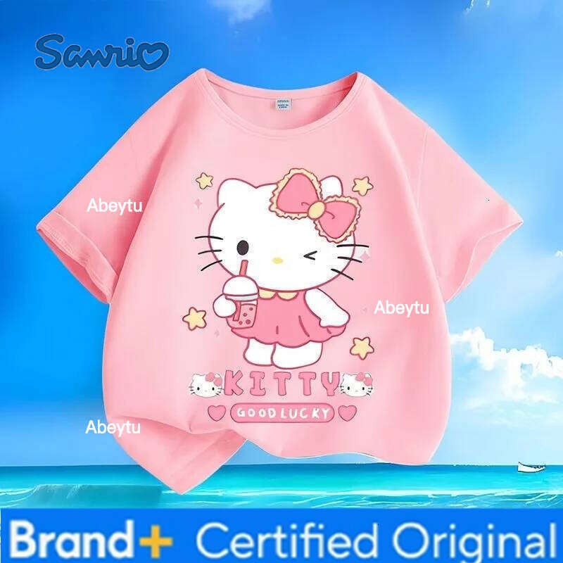 Sanrio Special Sale Summer New Hello Kitty Print Kids Tees Skin-friendly Breathable Easy Care Loose Versatile Crew Neck Tops H260120