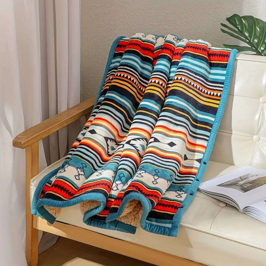 Nordic Stripe Fleece Blanket - Double Layer Thick Warm Boho Style for Sofa, Bed, Camping & Desk. W260120