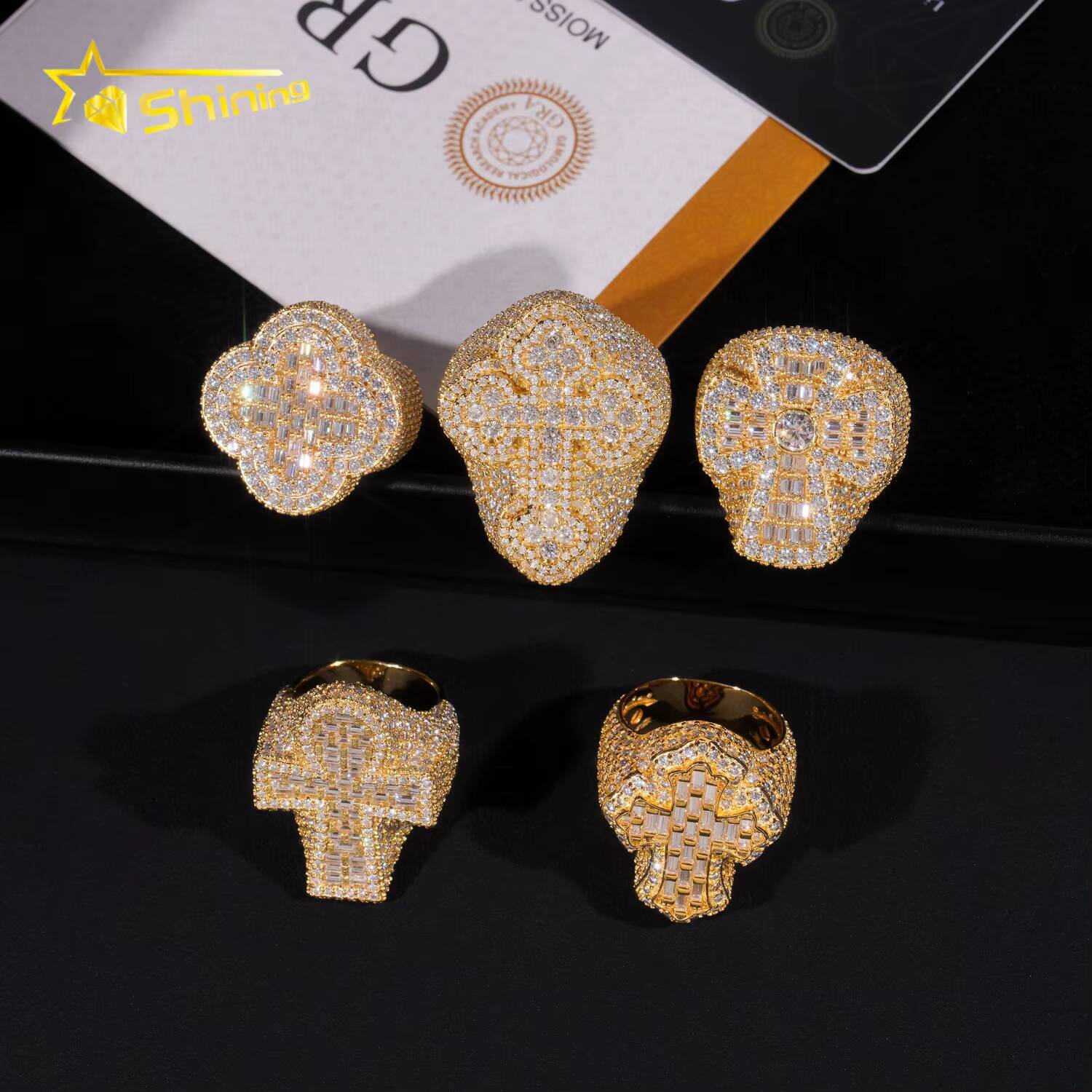 GRA Certificate Solid 925 Silver Gold Plated Fine Jewelry Sparkle Cross Style Iced Out Moissanite Men Rings Hip Hop Ring