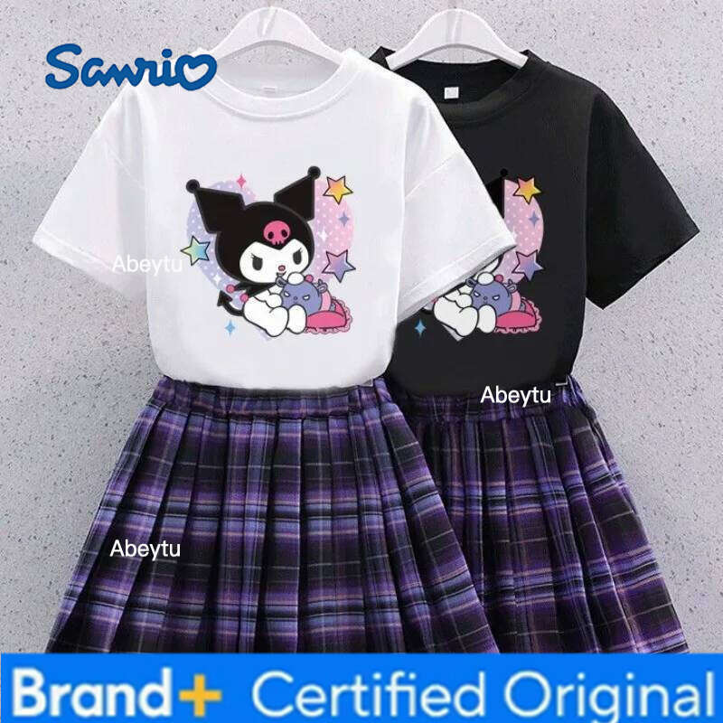 Sanrio Kawaii Kuromi Children T-shirt Pleated Skirt Two Piece Set MINISO Anime Lovely Student Summer Fashion Printing JK Uniform New H260120