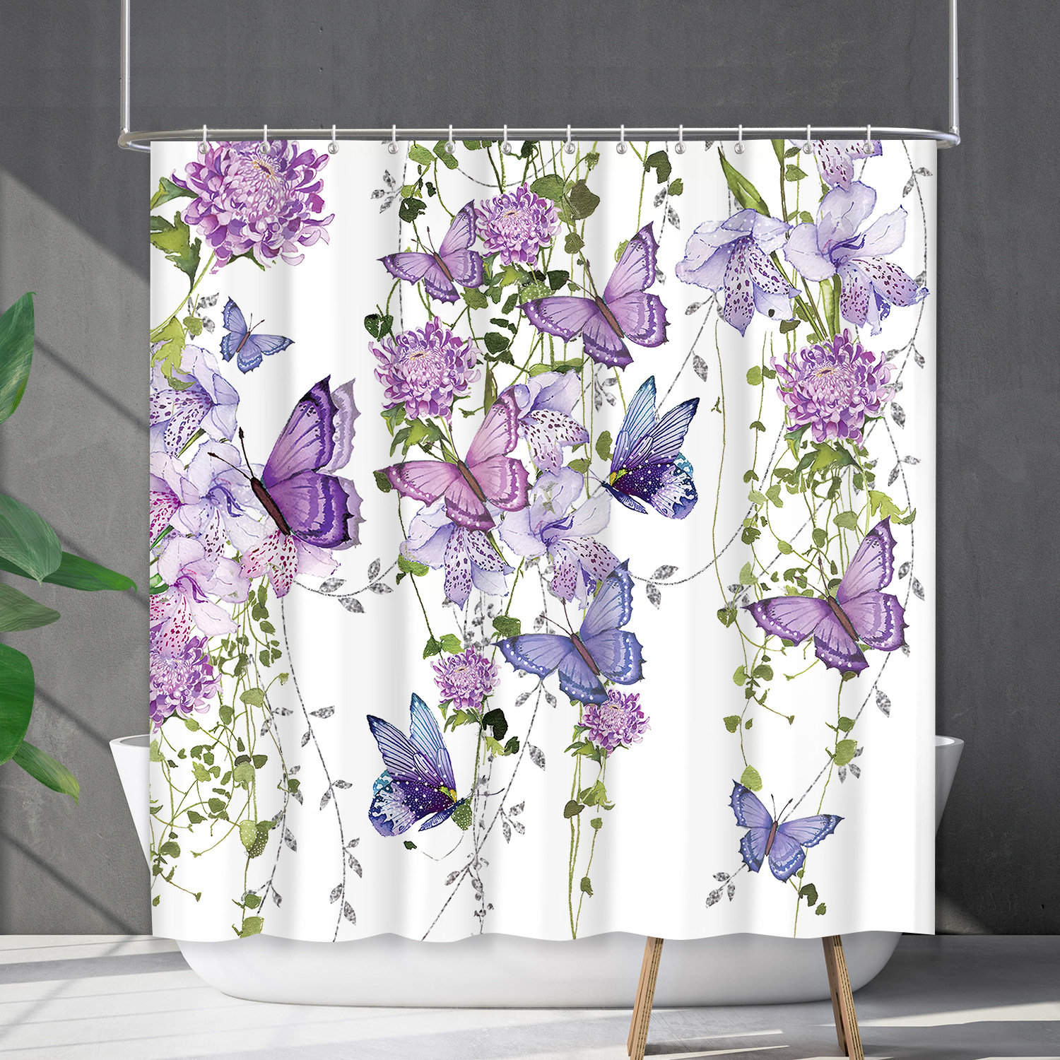 YL-38188 Waterproof Shower Curtain Set with Floral and Plant Designs, Shower Covering Curtain, No Drill Required