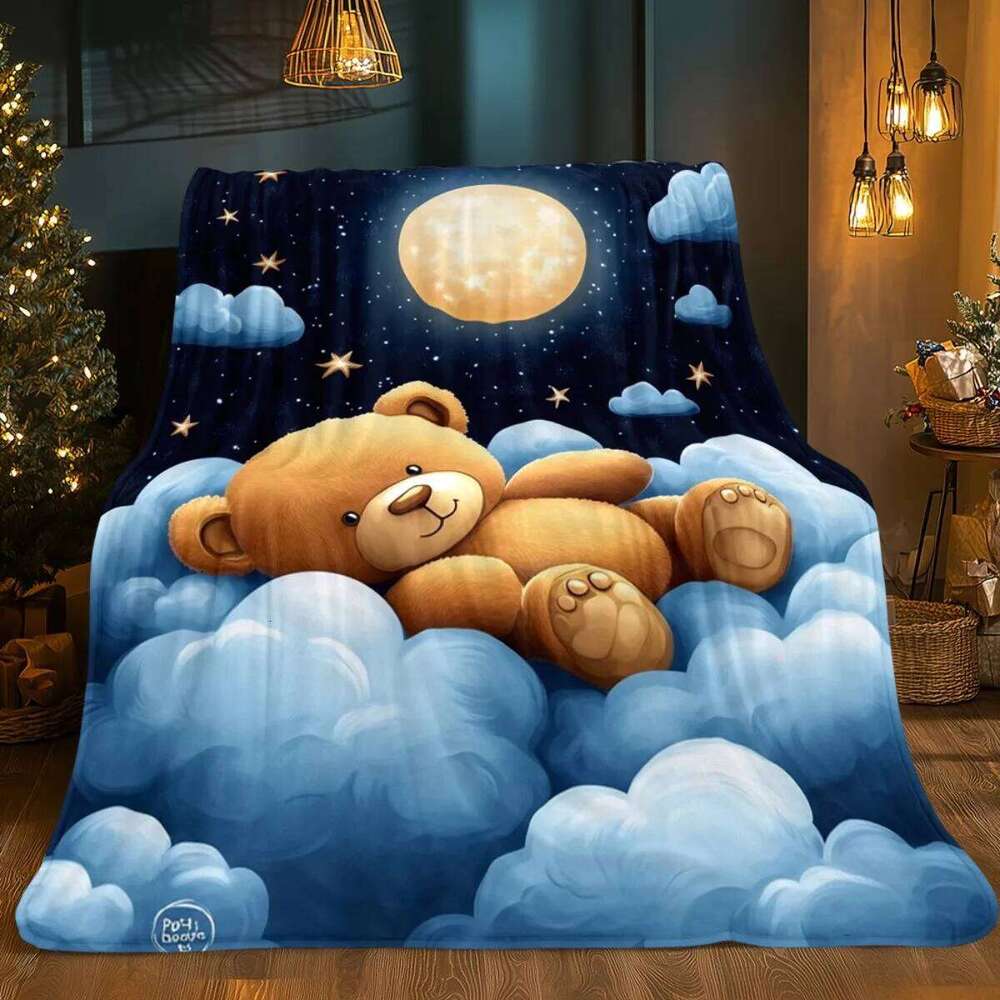 1pc Teddy Bear Moon Cloud Night Sky Flannel Blanket Cute Kids Bedding Soft Comforter Bedroom Decor Dreamy Sleep Gift W260120