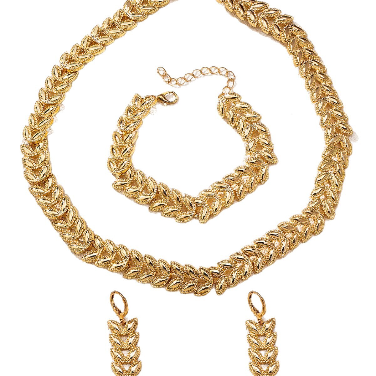 Exquisite French Fashion Style Trend Willow Leaf Pattern Bracelet Necklace Earrings Simple Exquisite Jewelry Set European And American