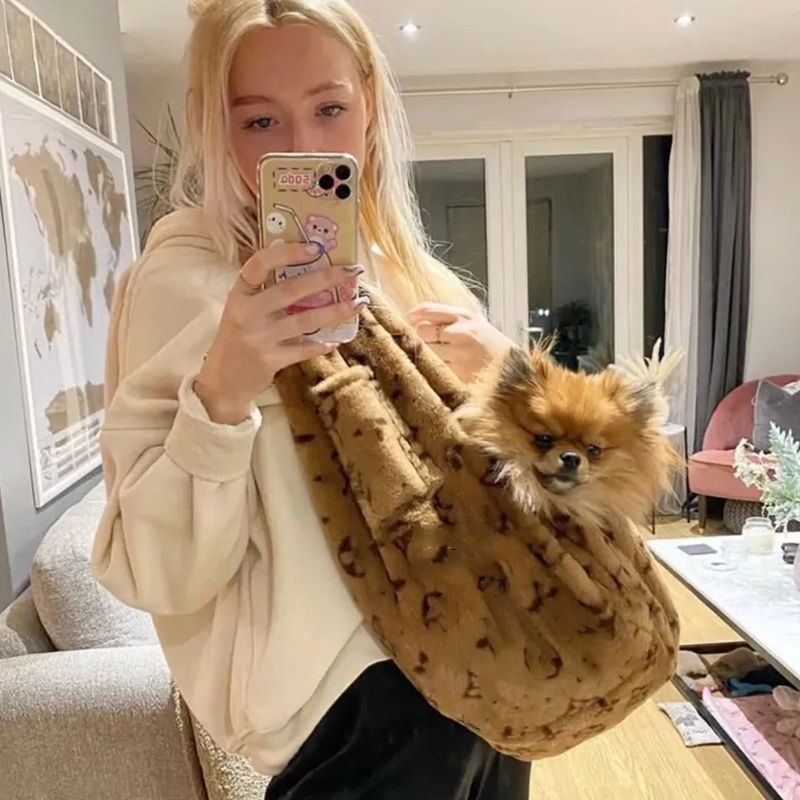 Designer Dog Carrier Sling, Soft Plush Pets Sling Carriers for 0-15 lbs, Hands Free Puppy Carrier, Crossbody Kitten Carrier for Travel, Storage Pocket