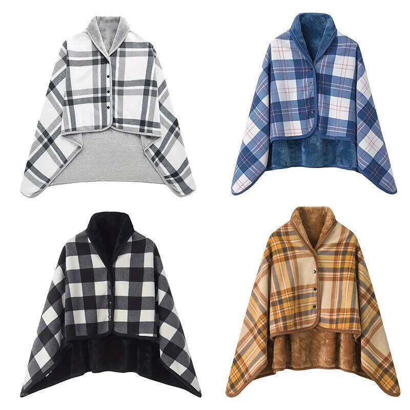 Wearable Plaid Fleece With Button Winte Warm Throws On Sofa Bed Travel Thicken Bedroom Office Air Conditioning Blanket W260120