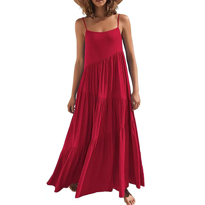 X43224 Amazon Cross-Border Summer European Women's Loose Solid Color Pleated Irregular Dress Beach Skirt