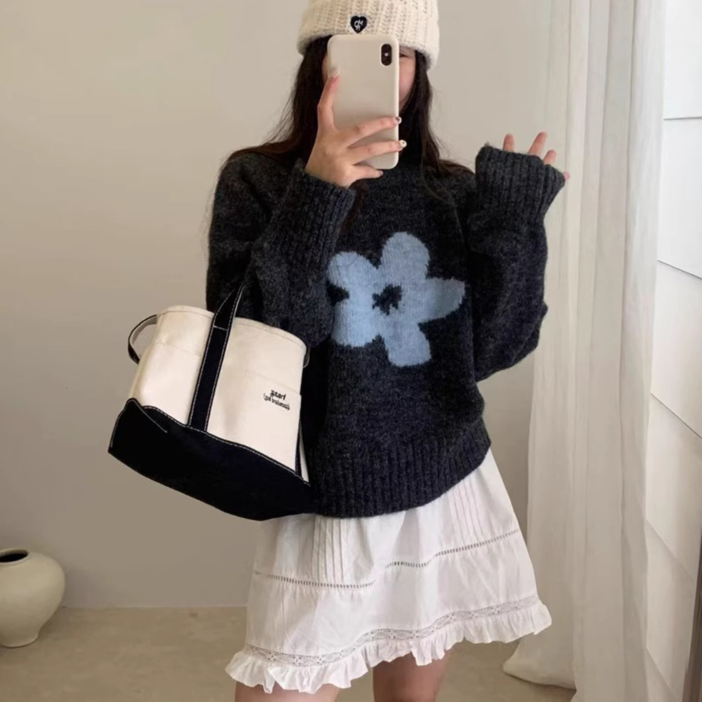 Knitted Women Sweater flower Harajuku Fashion Pattern Printing Loose Tops Casual Streetwear Pullover 240828
