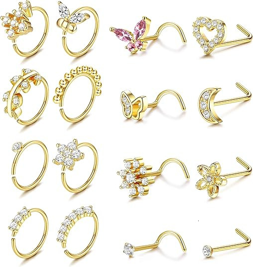 16Pcs 20G Flower Butterfly Nose Rings HoopsInlaid Shiny Zircon Nose Screw Nose Body Piercing Jewelry Decoration 250909
