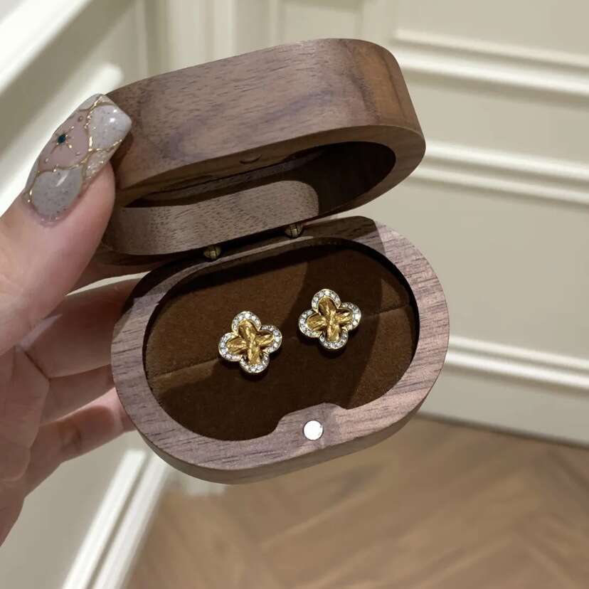 Women's Gold Plated Clover Ring Zircon Inlay Adjustable Flower Earring High-End Vintage Style Elegant Party Jewelry