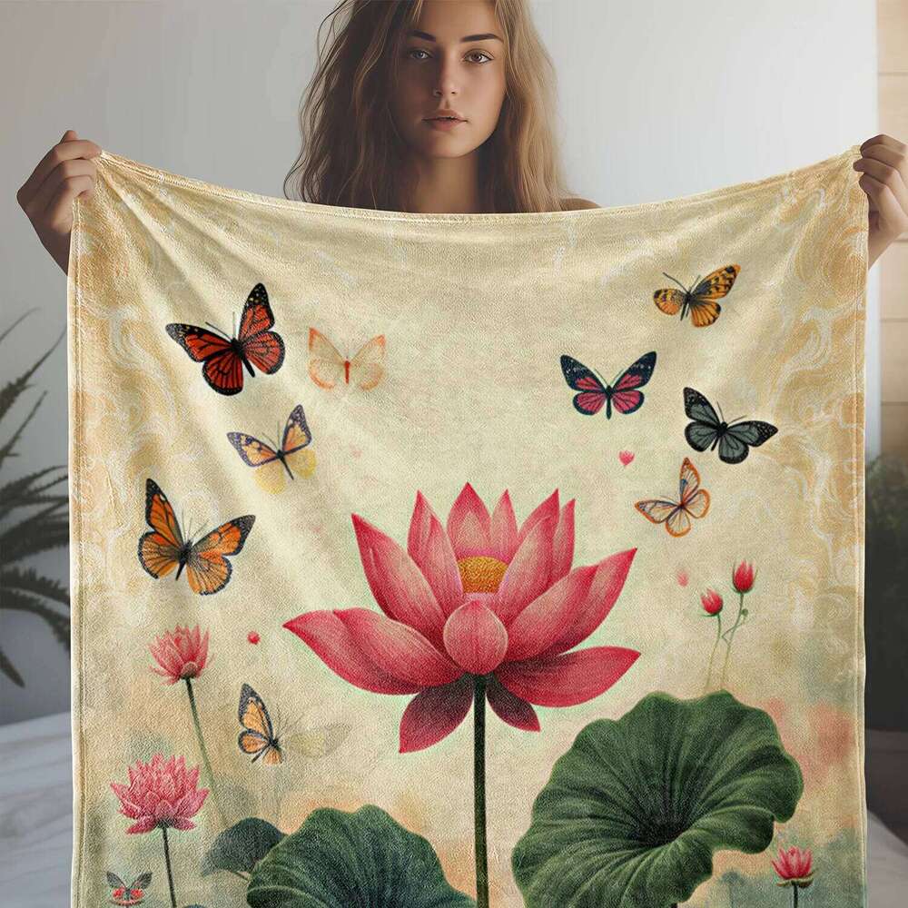 1pc Vintage Floral & Butterfly Print Flannel Blanket - Soft Polyester All-Season Cozy Throw for Sofa, Bed, Car, Office W260120