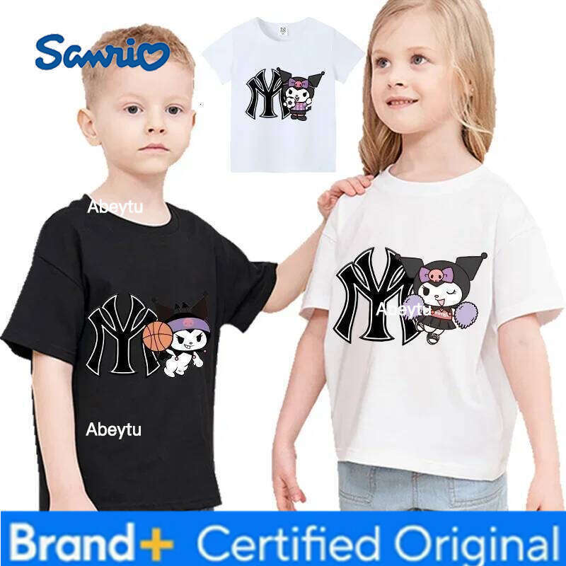 Sanrio Kuromi Kids T-shirts Kawaii Anime Short Sleeves Figures Cotton Tees Summer Round Neck Girls Clothes Tops Toddlers Clothing Gift H260120