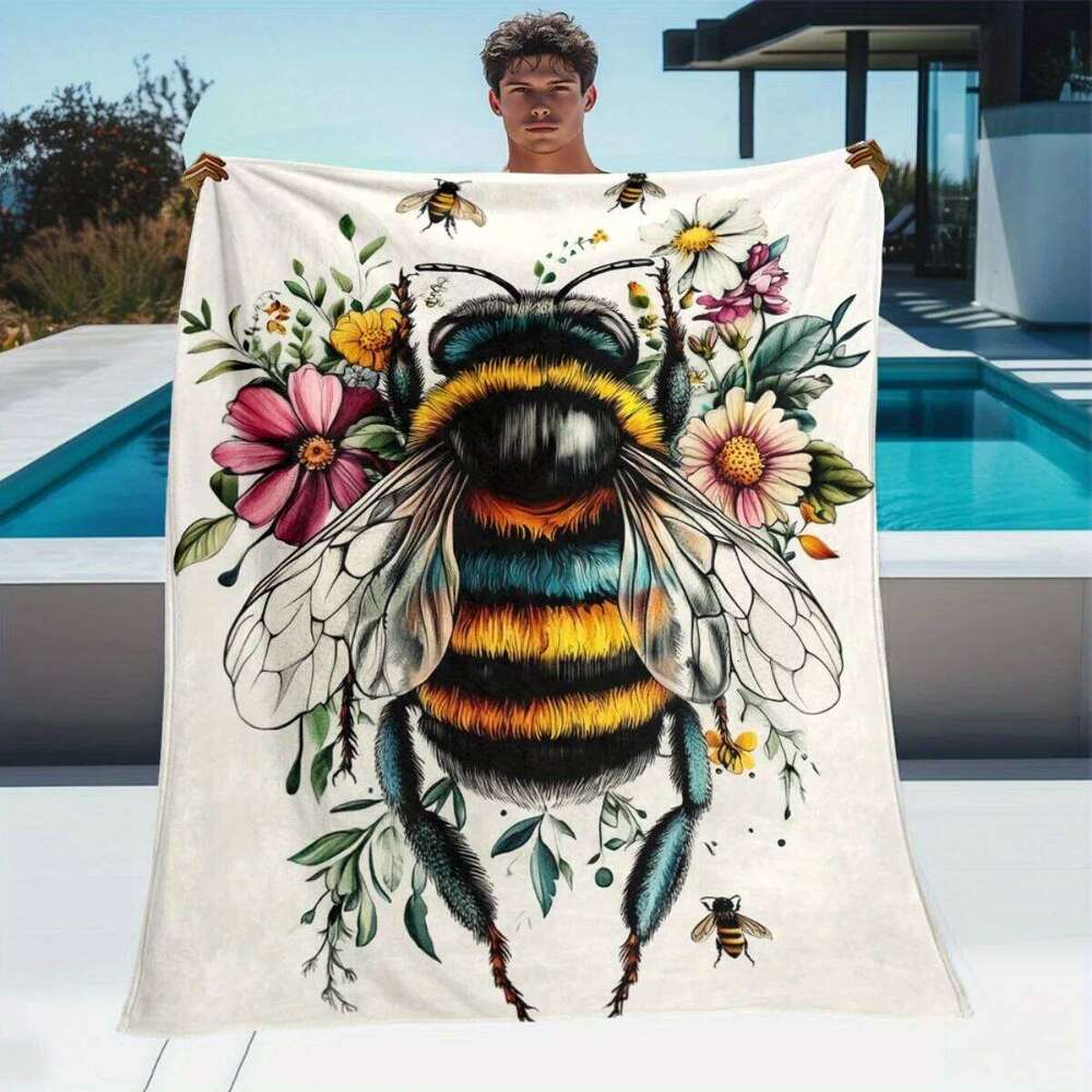 1pc Ultra Soft Lightweight Flannel Blanket with Vibrant Bee & Floral Design Cozy Warm Throw for Camping, Travel, Home Decor - W260120