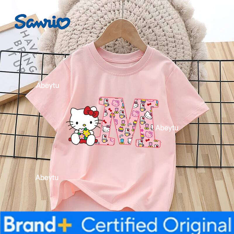 Sanrio T-shirt Hello Kitty Letters A-Z Printed Children's Clothing Fashion Shirt Y2K Cotton Girls' Round Neck Outdoor Wear H260120