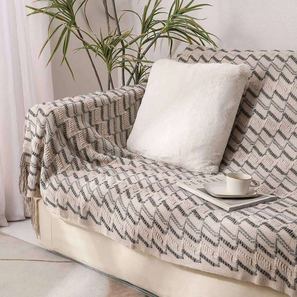 100% Acrylic Khaki Knitted with Tassel Gift Bed Sofa Travel Breathable Chic Bohemian Soft Comfortable Blanket W260120
