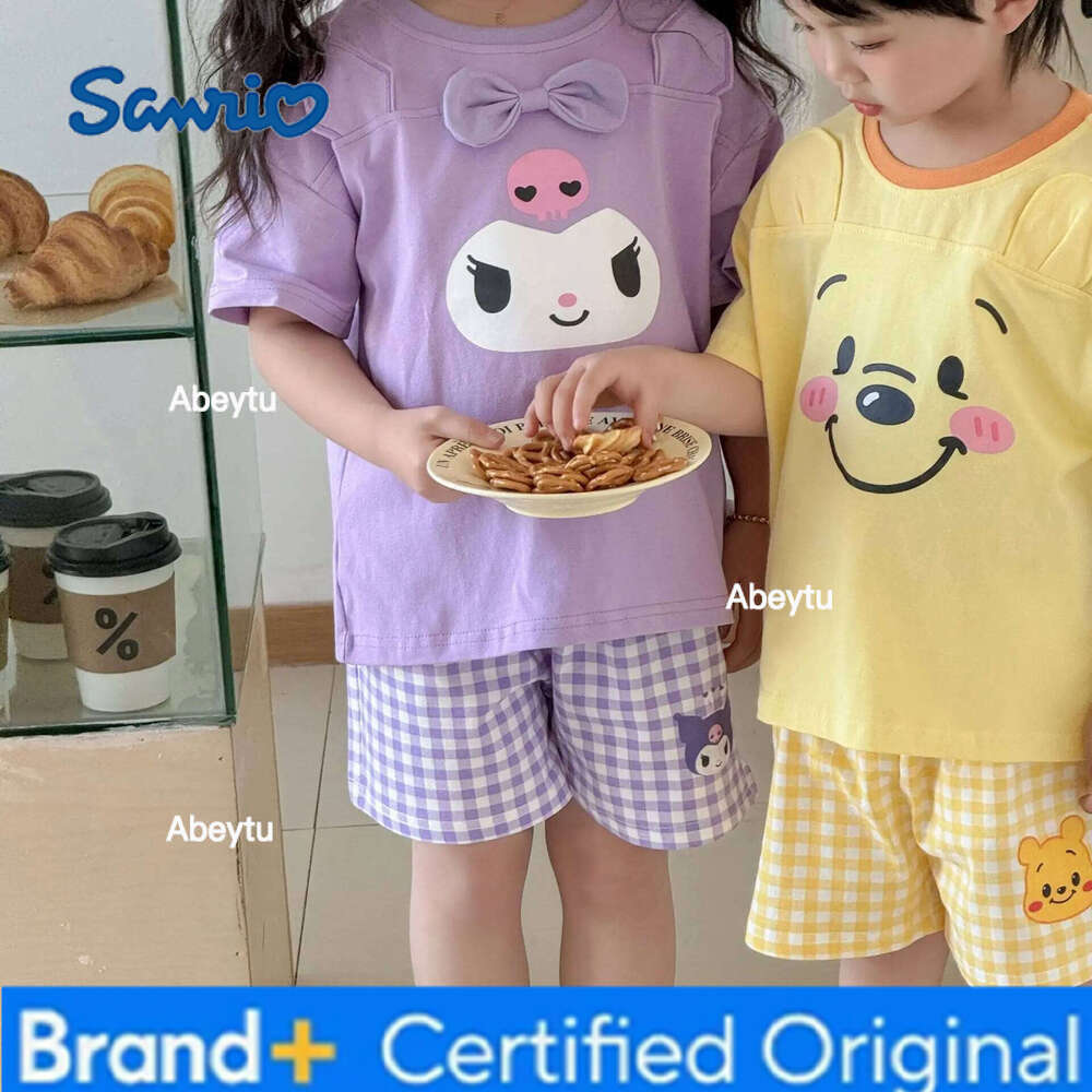 Sanrio Children 2Pcs Kuromi Kawaii Tops My Melody Tshirt Pochacco Suit Hangyodon Shorts Household Clothes Pajamas Studen New Hot H260120
