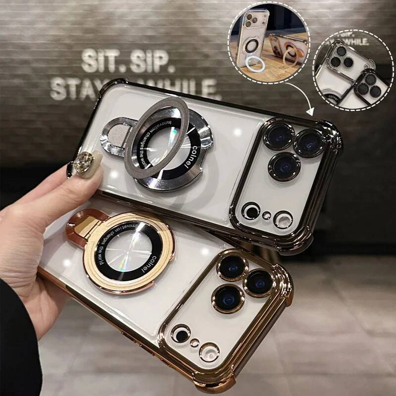 Magsafe Wireless Charging Case For iPhone 17 Max Air 14 15 Plus 13 12 16 Pro Transparent Plating Ring Holder Phone Cover