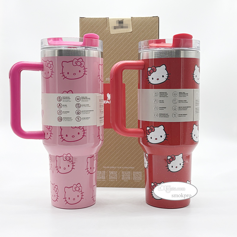 No Tariff - 304 Stainless Steel Tumbler With Handle 40oz Travel Car Cup With Lid and Straw 40 oz H2.0 Brown Box Pink Red Kitty Image
