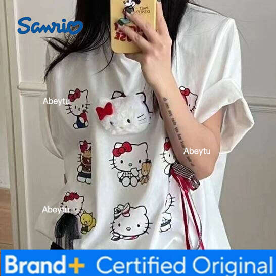 Sanrio HelloKitty girl t-shirt Spring and summer Pure cotton Cartoon Loose short sleeves Kawaii Jacket Three-dimensional doll H260120