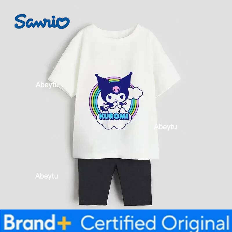 Sanrio Kuromi Melody Girl Short Sleeve T-shirt Children's Summer Pure Cotton Casual Clothing Kids Clothes Set H260120