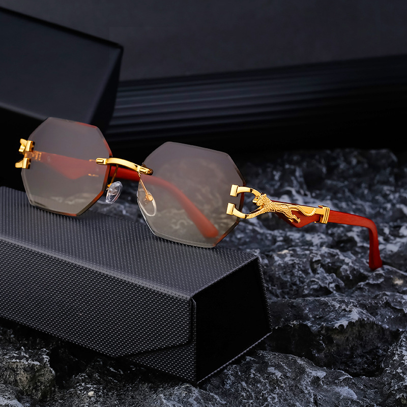 Luxury Brand Designer Sunglasses Vintage Imitation Wood Grain Leopard Temple Sunglasses Men's Square Frame Cut Edge Driving Sunglasses Men's
