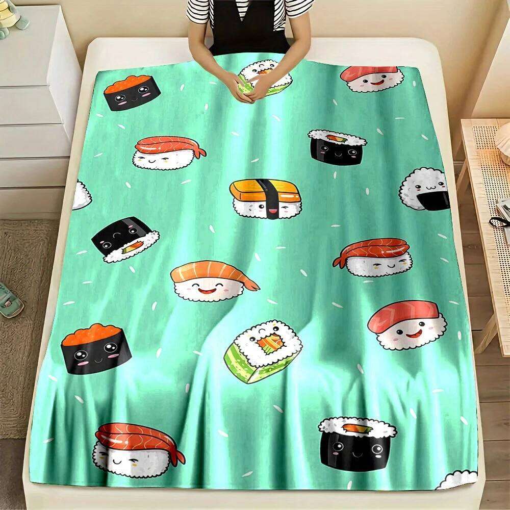 Cozy Cartoon Sushi Print Flannel Throw Blanket Perfect for Couch, Bed, Office Naps & Travel | Unique Wearable Gift Idea W260120
