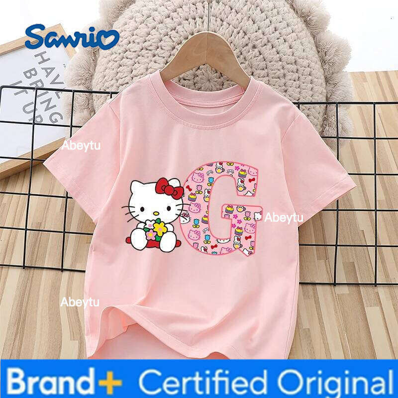 Sanrio T-shirt Hello Kitty Letters A-Z Printed Children's Clothing Fashion Shirt Y2K Cotton Girls' Round Neck Outdoor Wear H260120