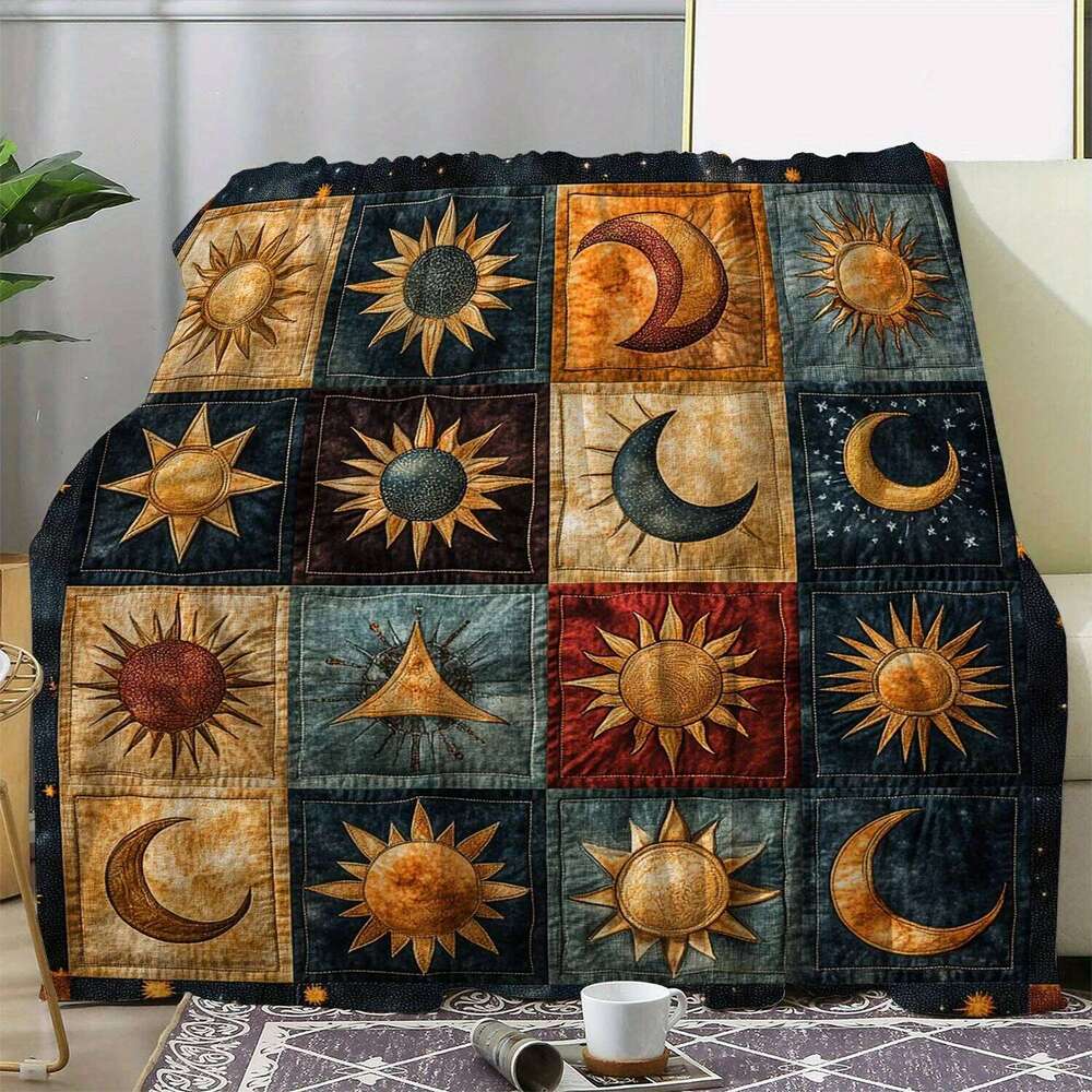 Patchwork Sun Star Moon Printed Flannel Blanket - Soft Warm Cozy | All-Season Throw for Sofa/Bed/Couch/Car/Office/Campin W260120