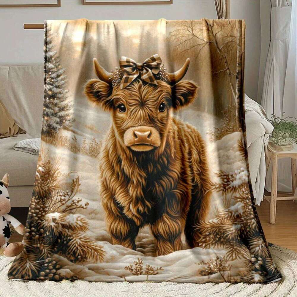Highland Cow Winter Scene Flannel Blanket | Soft Warm All-Season Farmhouse Decor & Multi-Occasion Gift W260120