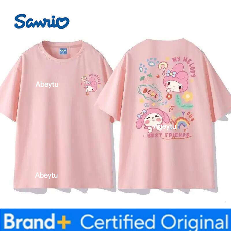 Sanrio Anime My Melody Cinnamoroll Kuromi Short-Sleeved T-Shirt 100% Cotton Summer Cartoon New Round Neck Loose Half-Sleeve H260120