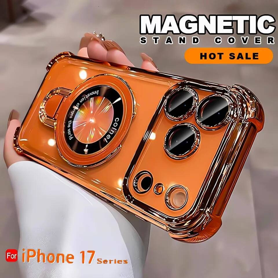 Magsafe Wireless Charging Case For iPhone 17 Max Air 14 15 Plus 13 12 16 Pro Transparent Plating Ring Holder Phone Cover