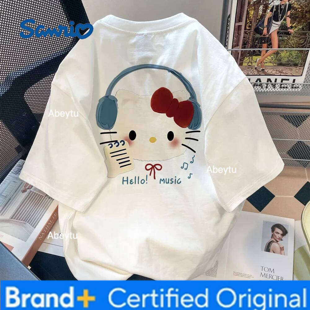 Sanrio American Trendy Brand Vacation Hello Kitty Print 2025 Women's Cartoon Top Trend Plus Size Loose Casual Short-sleeved T-shirt H260120