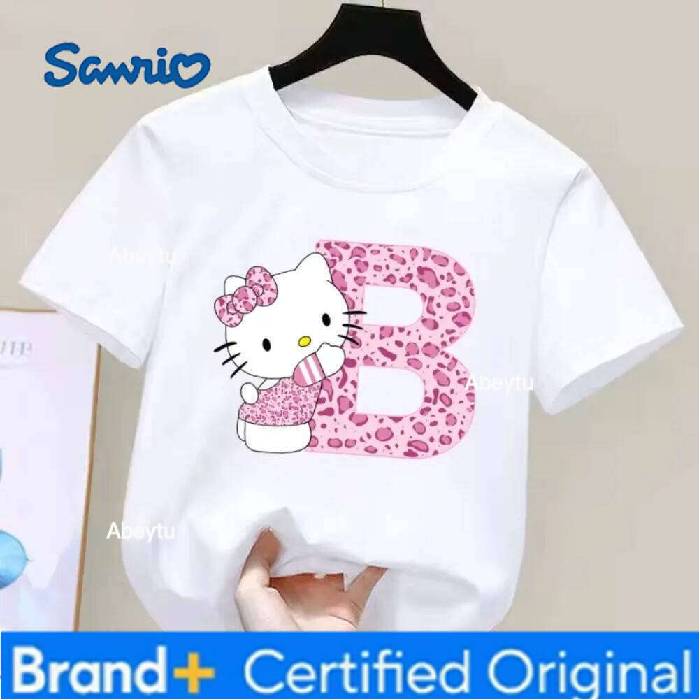 Sanrio MINISO Hello Kitty Letter A-Z Cotton Short-sleeved Top Summer T-shirt Girly Heart Soft Clothes Kawaii Birthday Gift Comfortable H260120