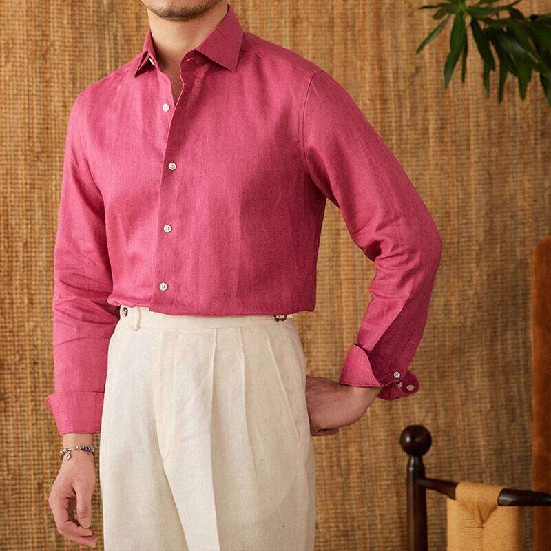 Mr. Lu San White 100% Linen Italian-Style Eight-Collar Long-Sleeved Casual Commuting Breathable Light Luxury Shirt For Men Mdng260120