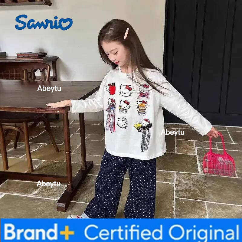 Sanrio Hello Kitty Girls Anime Cartoon Bow T Shirt Kawaii Spring and Autumn New White Print Long Sleeve Fashionable Versatile H260120