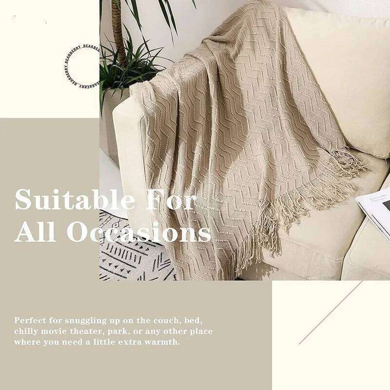 Gift Khaki Wave Blankets Textured Solid Soft Sofa Couch Cover Decorative Cozy Knitted Blanket with tassels W260120