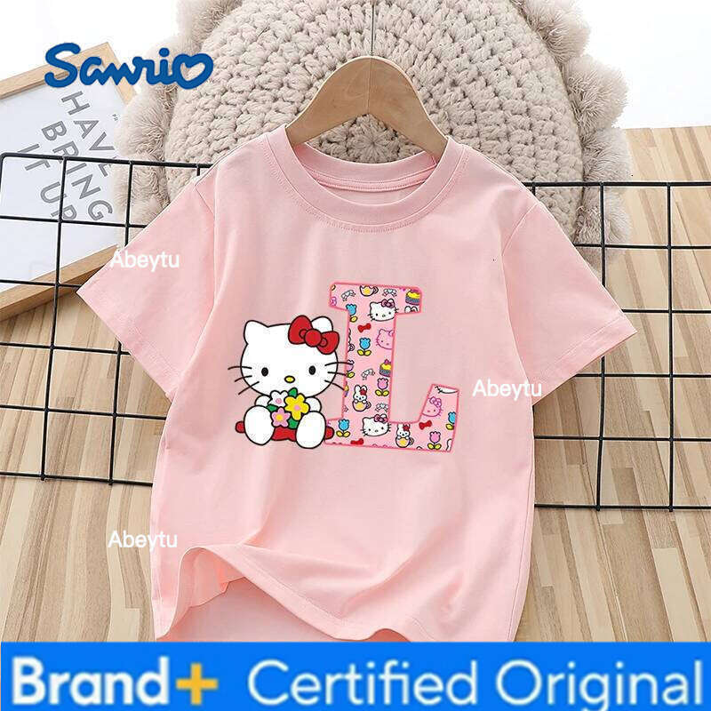 Sanrio T-shirt Hello Kitty Letters A-Z Printed Children's Clothing Fashion Shirt Y2K Cotton Girls' Round Neck Outdoor Wear H260120