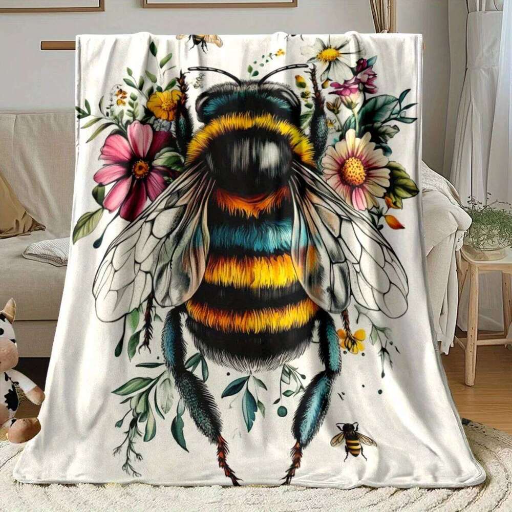 1pc Ultra Soft Lightweight Flannel Blanket with Vibrant Bee & Floral Design Cozy Warm Throw for Camping, Travel, Home Decor - W260120
