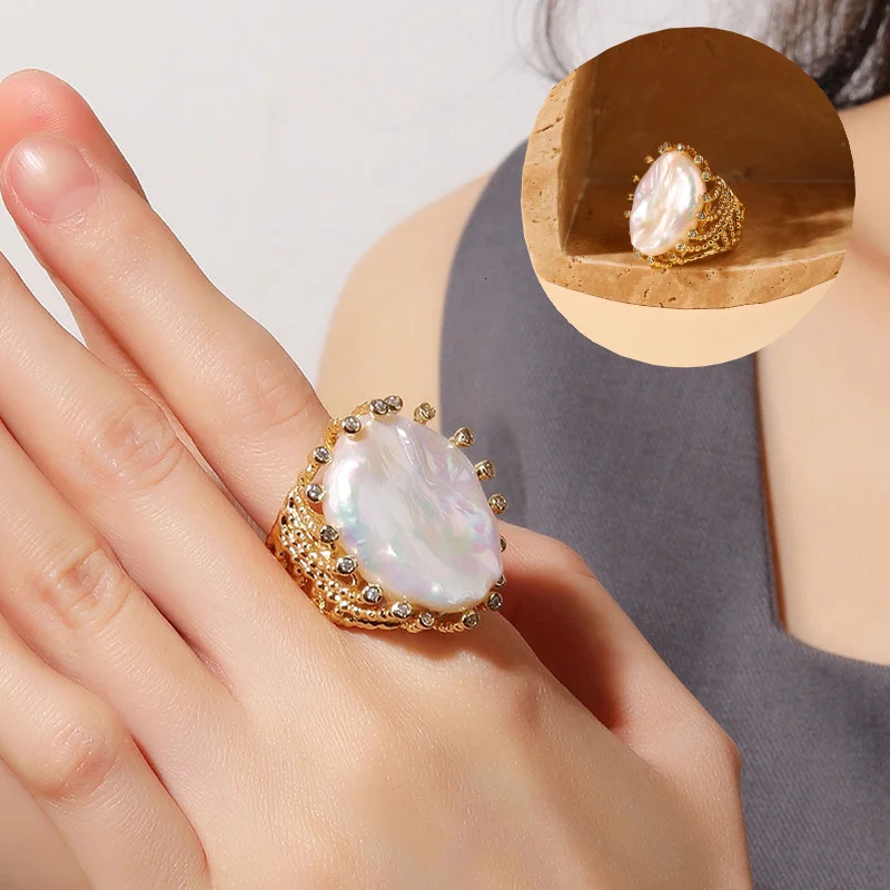 Resizable Natural Freshwater White Coin Pearl Ring Zirconia Party Anniversary Jewelry for Women Lady Gift 260119