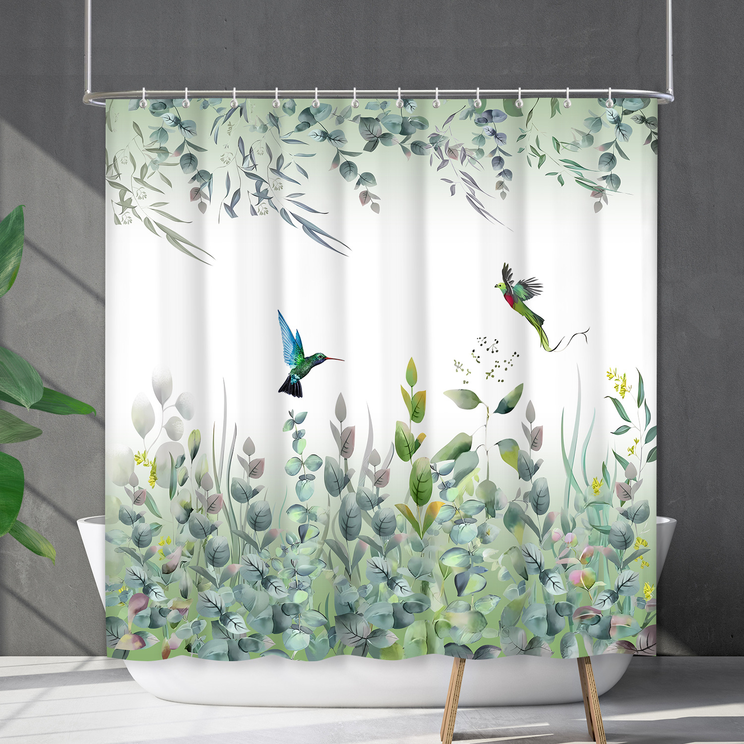 YL-38189 Bathroom Waterproof Shower Curtain Set, Floral Plant Curtain, Flower Shower Cover, No Drill Required